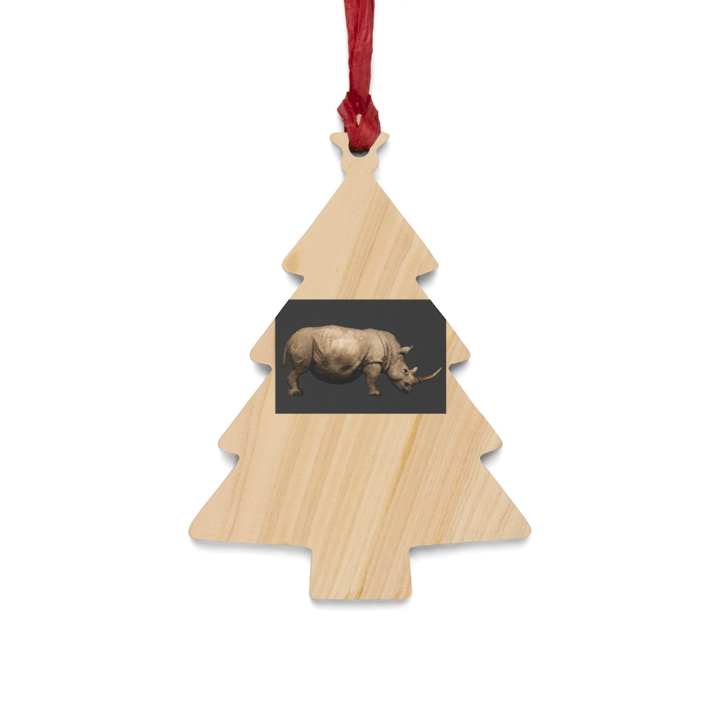 A collection of Rhino Wooden Christmas Ornaments in various whimsical shapes, featuring a rustic wood finish and red ribbons for hanging.