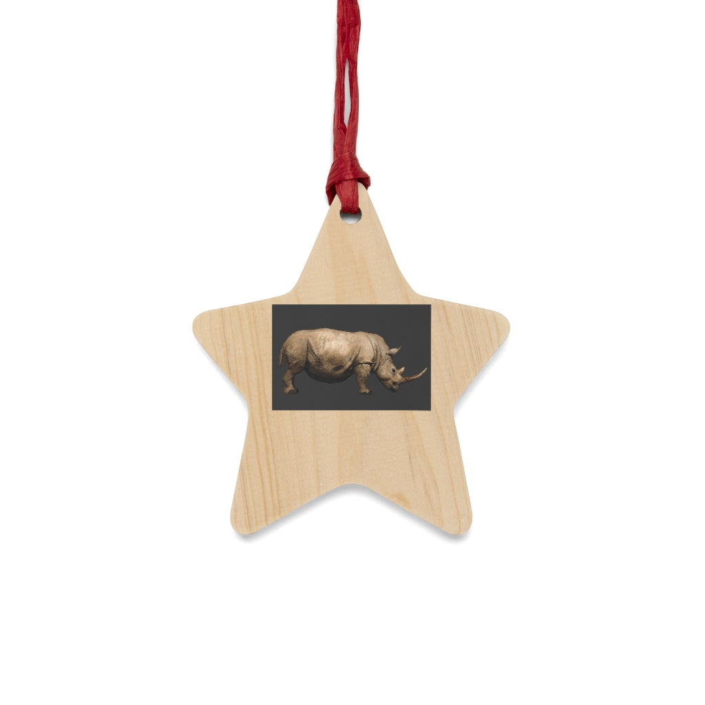 A collection of Rhino Wooden Christmas Ornaments in various whimsical shapes, featuring a rustic wood finish and red ribbons for hanging.