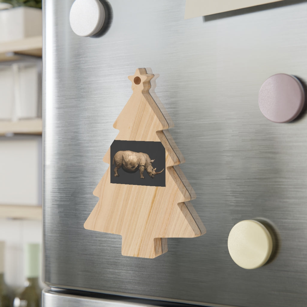 A collection of Rhino Wooden Christmas Ornaments in various whimsical shapes, featuring a rustic wood finish and red ribbons for hanging.