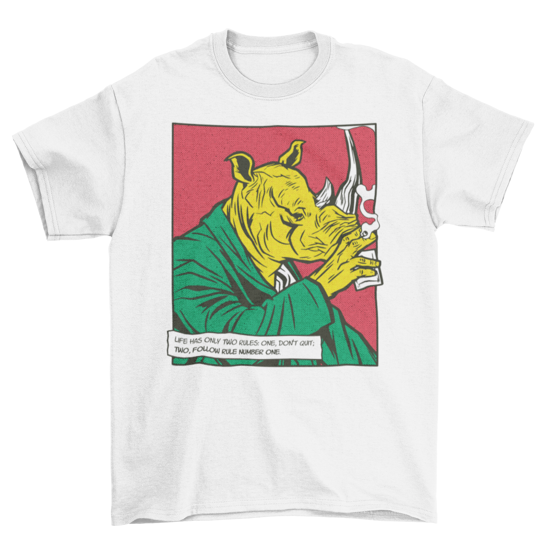 A whimsical t-shirt featuring a rhinoceros in a suit, drinking and smoking, showcasing a unique comic design.