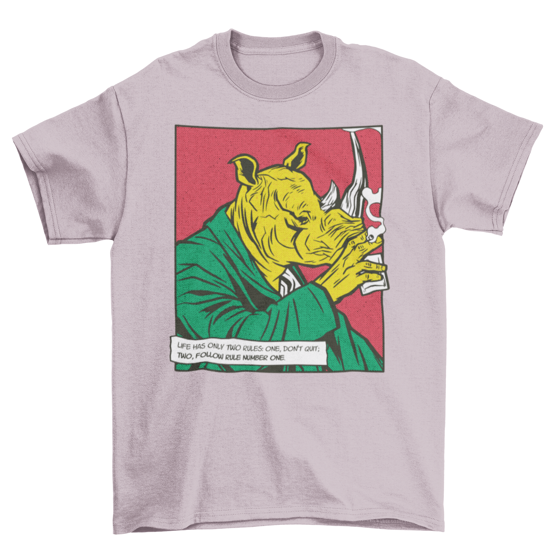 A whimsical t-shirt featuring a rhinoceros in a suit, drinking and smoking, showcasing a unique comic design.