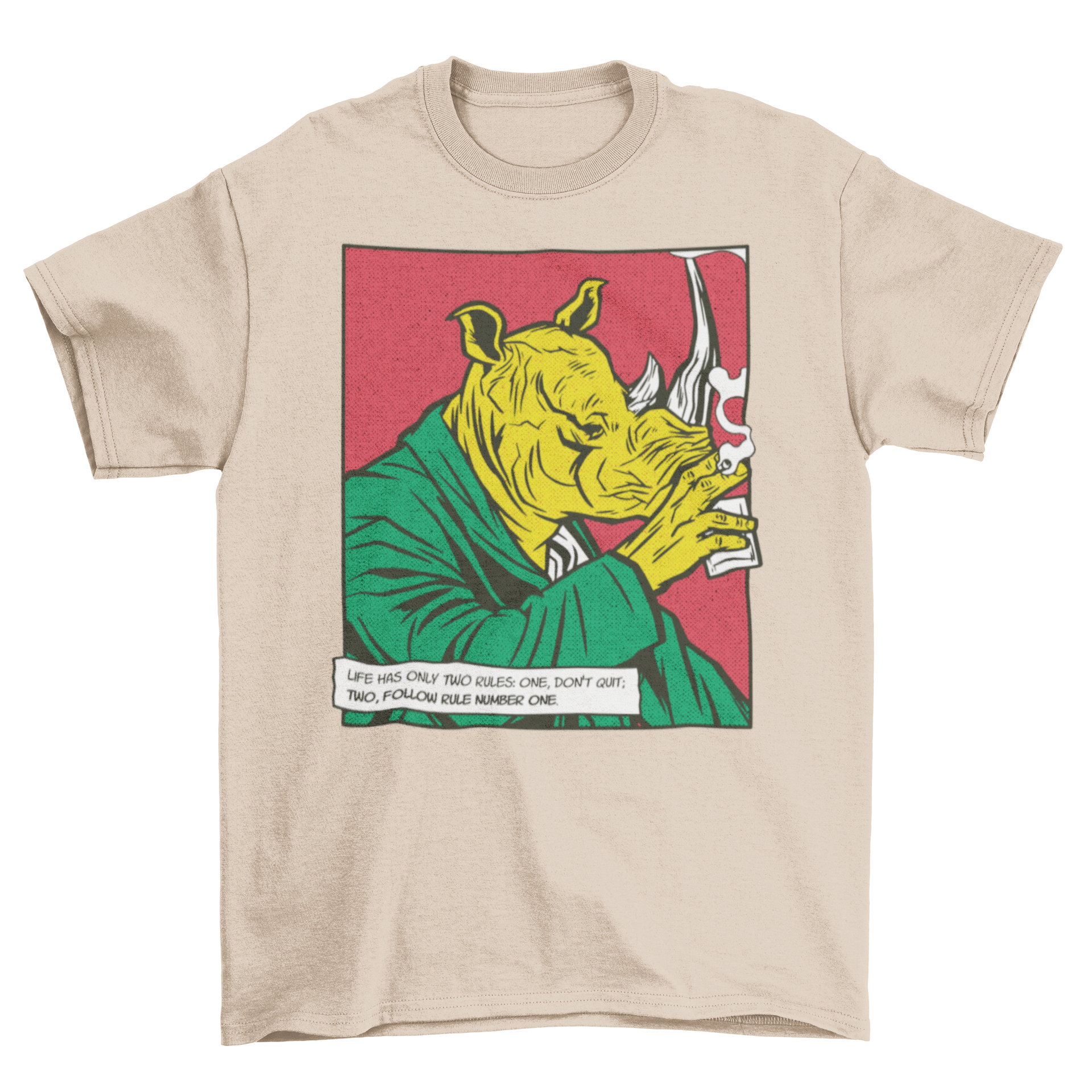 A whimsical t-shirt featuring a rhinoceros in a suit, drinking and smoking, showcasing a unique comic design.