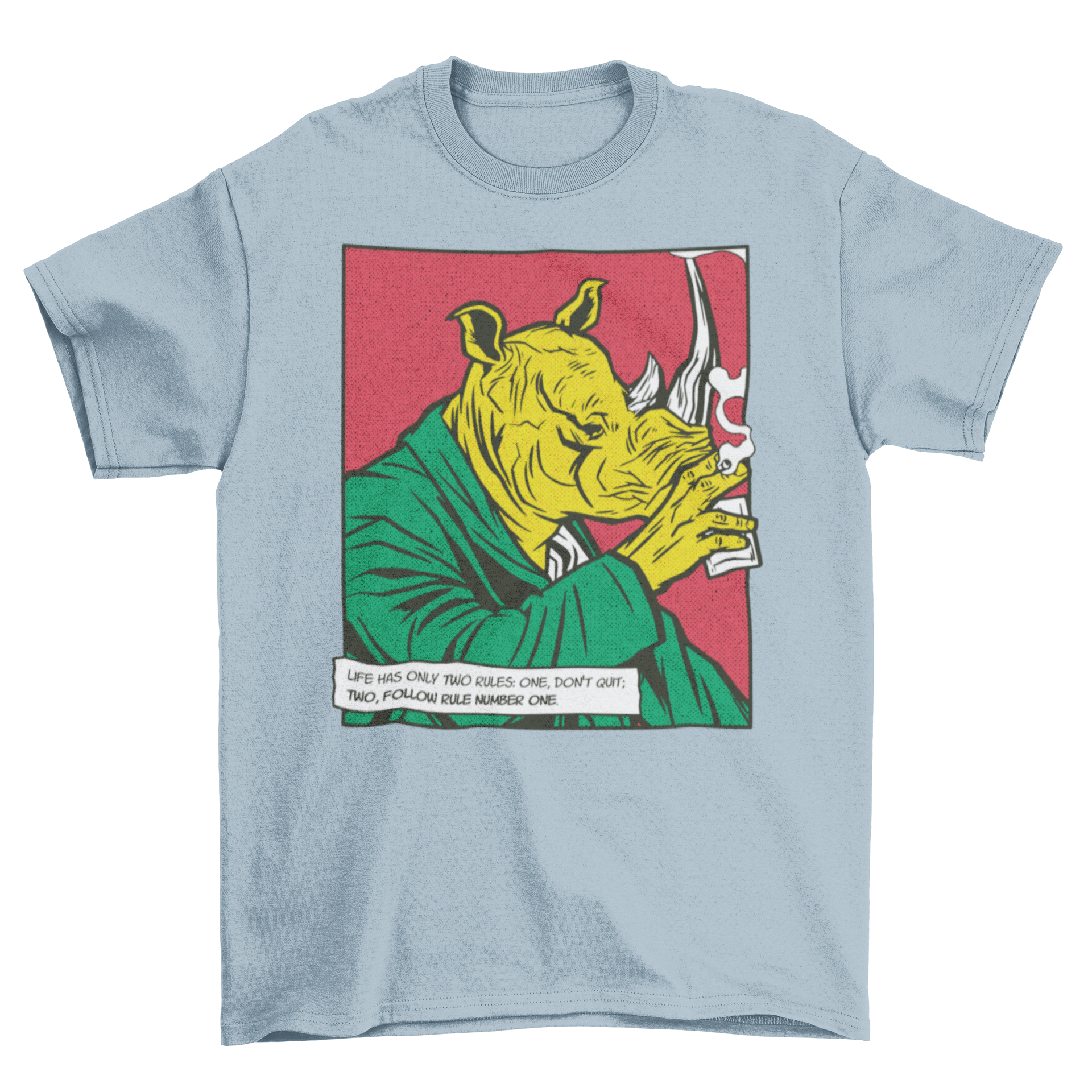 A whimsical t-shirt featuring a rhinoceros in a suit, drinking and smoking, showcasing a unique comic design.