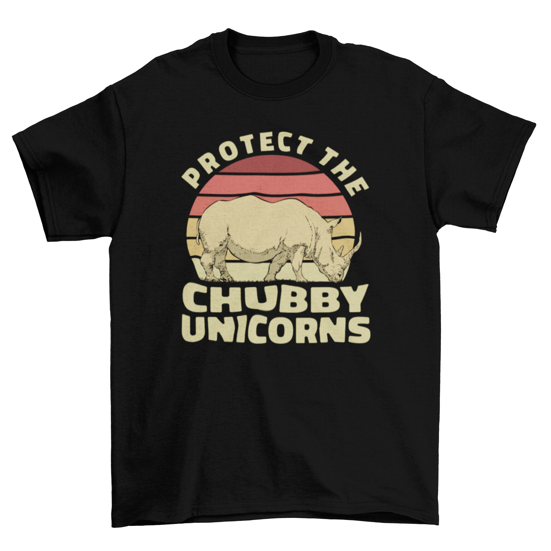 A stylish t-shirt featuring a rhinoceros design with the quote 'Protect the chubby unicorns', perfect for wildlife lovers.