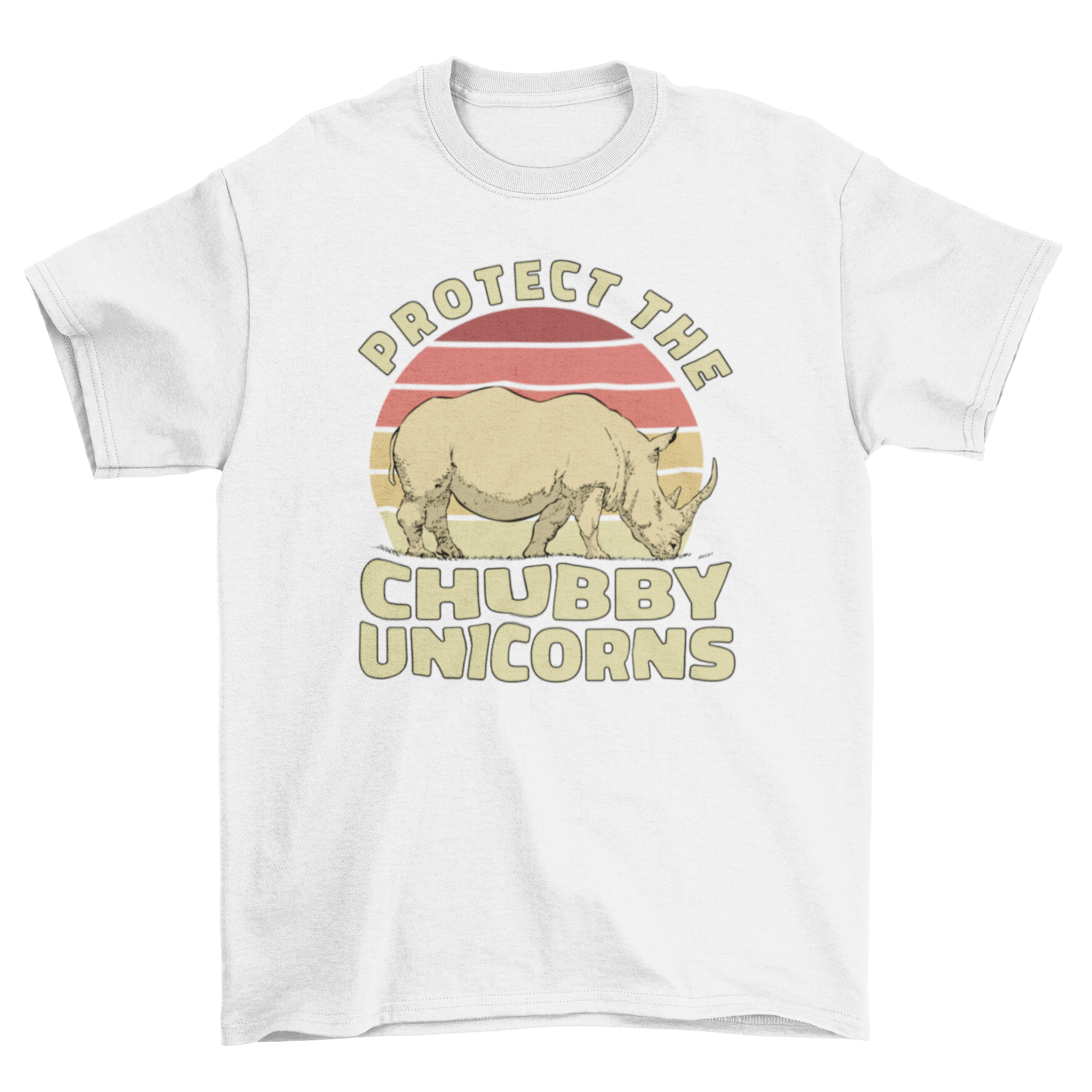 A stylish t-shirt featuring a rhinoceros design with the quote 'Protect the chubby unicorns', perfect for wildlife lovers.