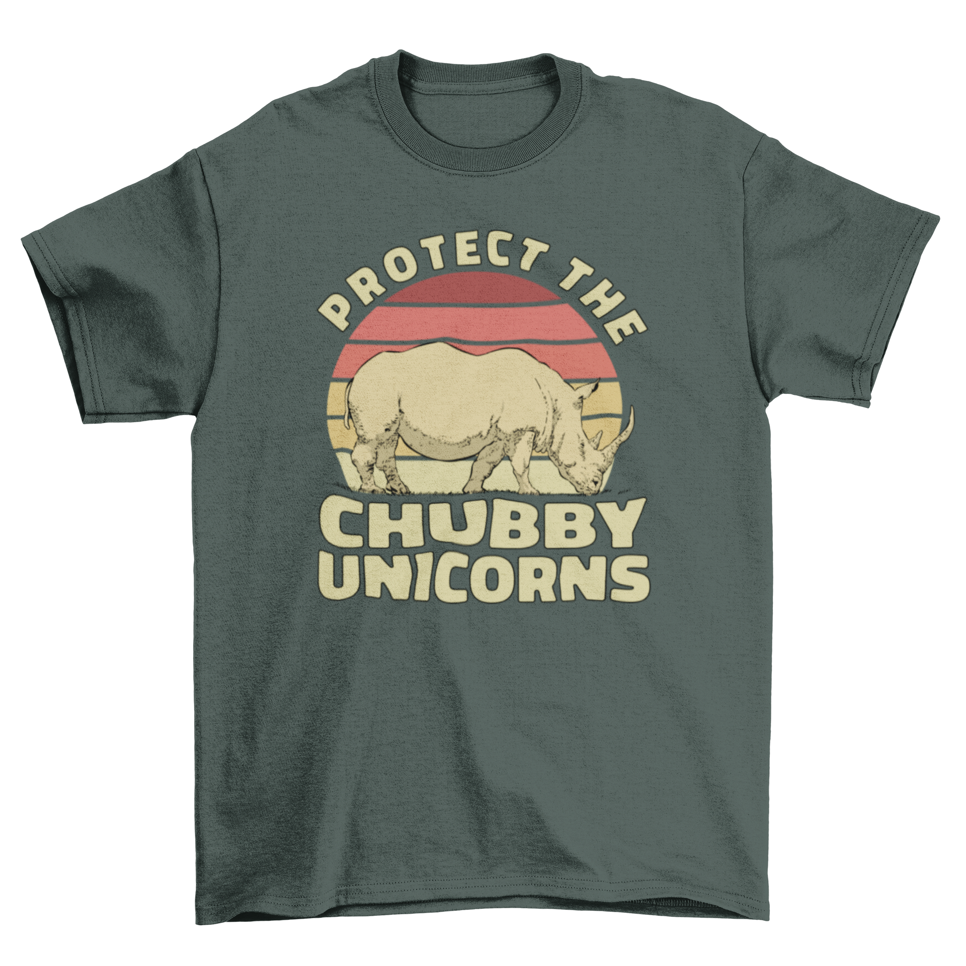 A stylish t-shirt featuring a rhinoceros design with the quote 'Protect the chubby unicorns', perfect for wildlife lovers.