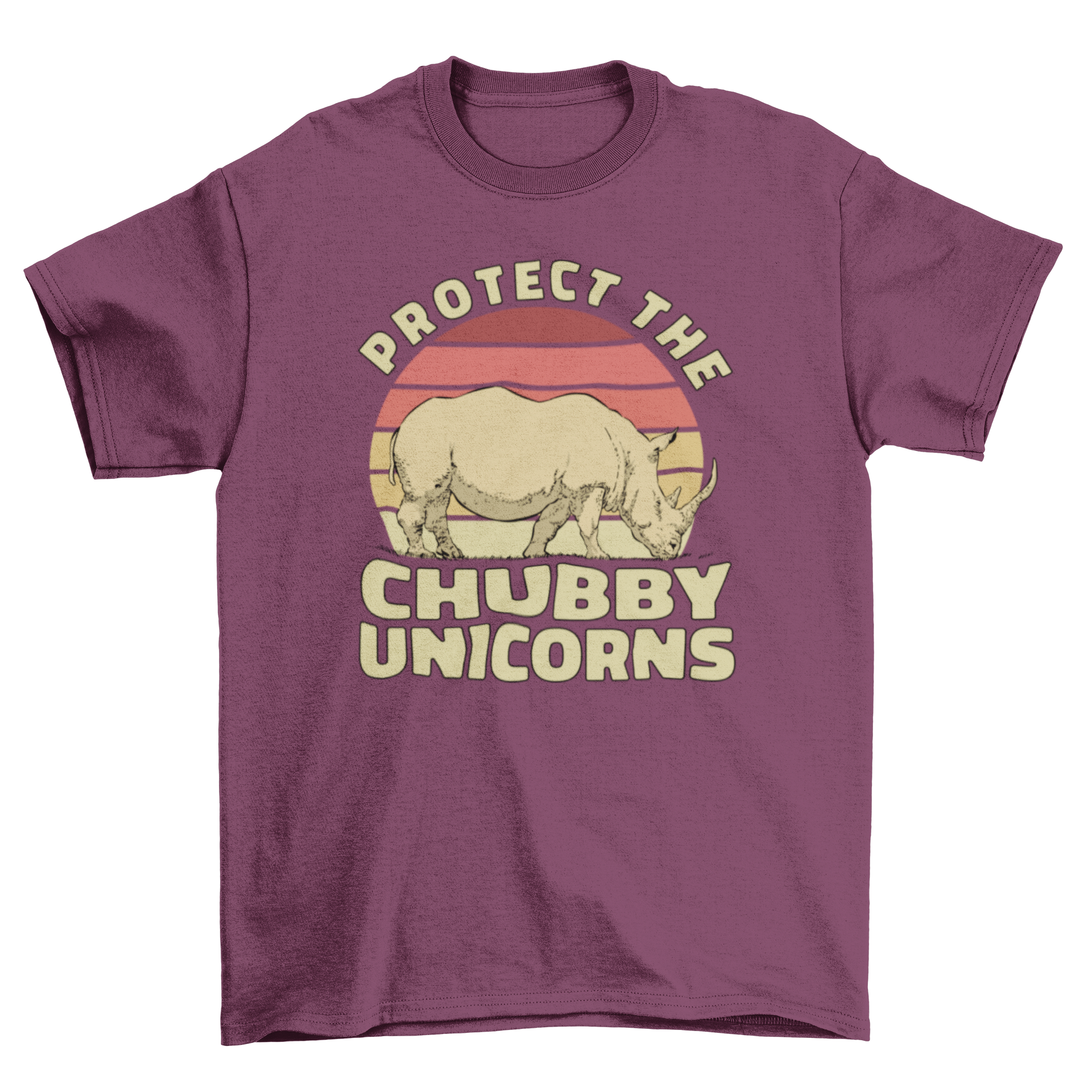 A stylish t-shirt featuring a rhinoceros design with the quote 'Protect the chubby unicorns', perfect for wildlife lovers.