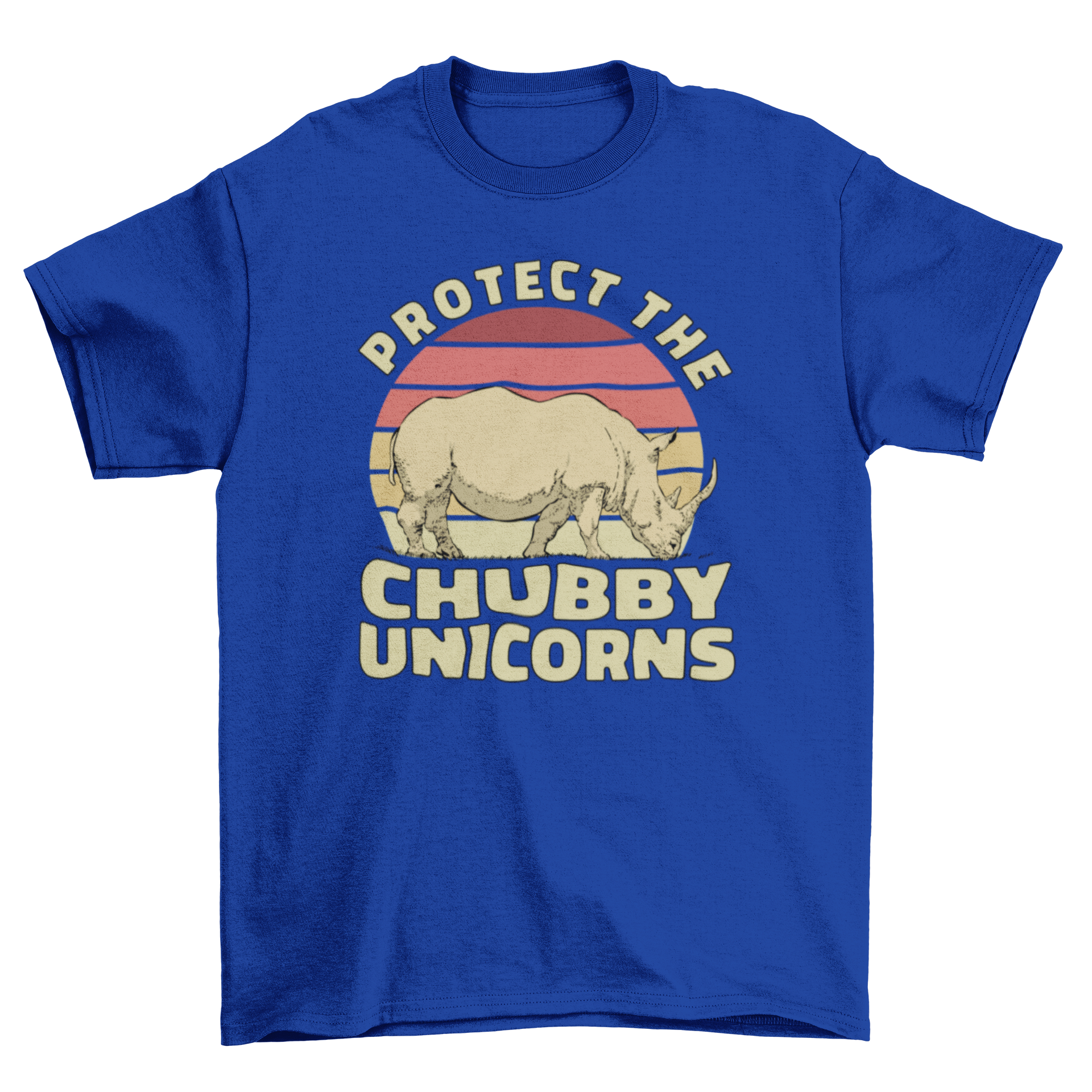 A stylish t-shirt featuring a rhinoceros design with the quote 'Protect the chubby unicorns', perfect for wildlife lovers.