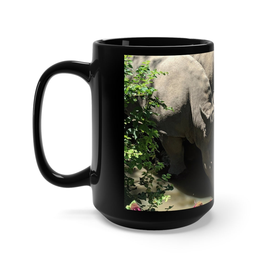 Rhinos Black Mug 15oz, a stylish black ceramic mug with a C-handle, perfect for coffee and tea lovers.