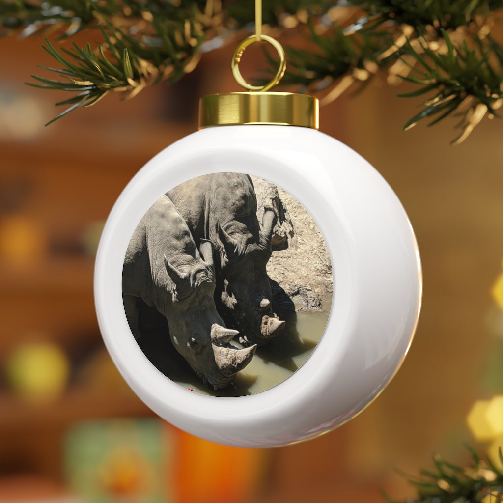 A beautifully designed Rhinos Christmas Ball Ornament with a glossy finish and gold ribbon, showcasing a vintage style and custom design.