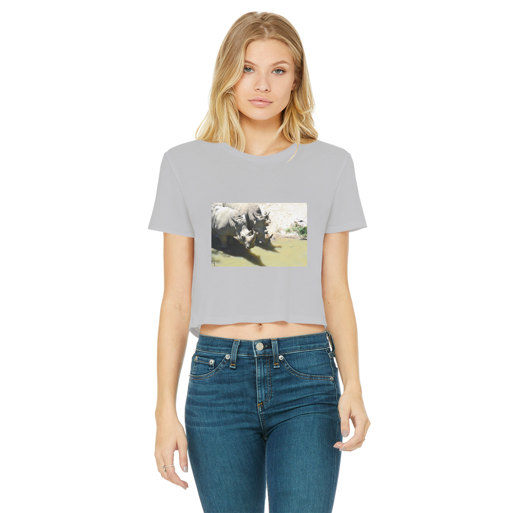 Rhinos Classic Women's Cropped Raw Edge T-Shirt featuring a round neck and raw edge hem in a stylish cropped design.