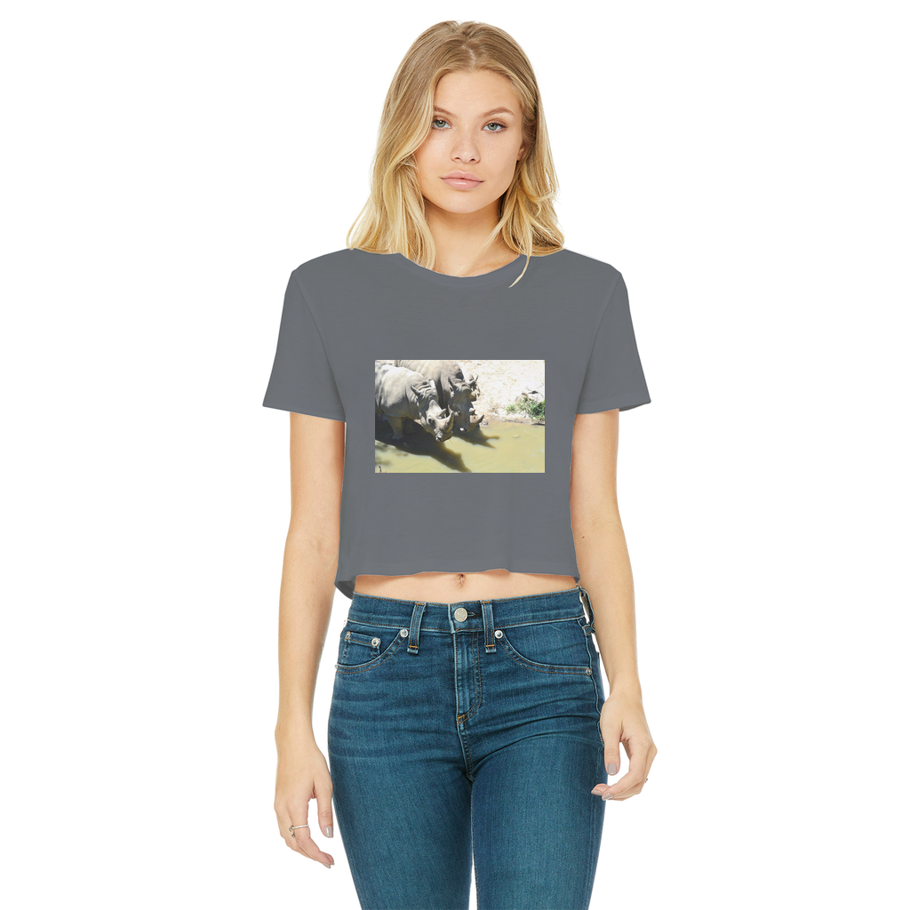 Rhinos Classic Women's Cropped Raw Edge T-Shirt featuring a round neck and raw edge hem in a stylish cropped design.