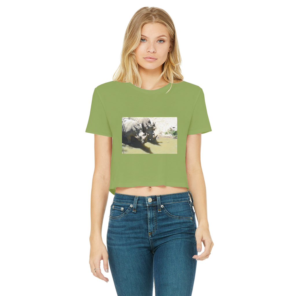 Rhinos Classic Women's Cropped Raw Edge T-Shirt featuring a round neck and raw edge hem in a stylish cropped design.