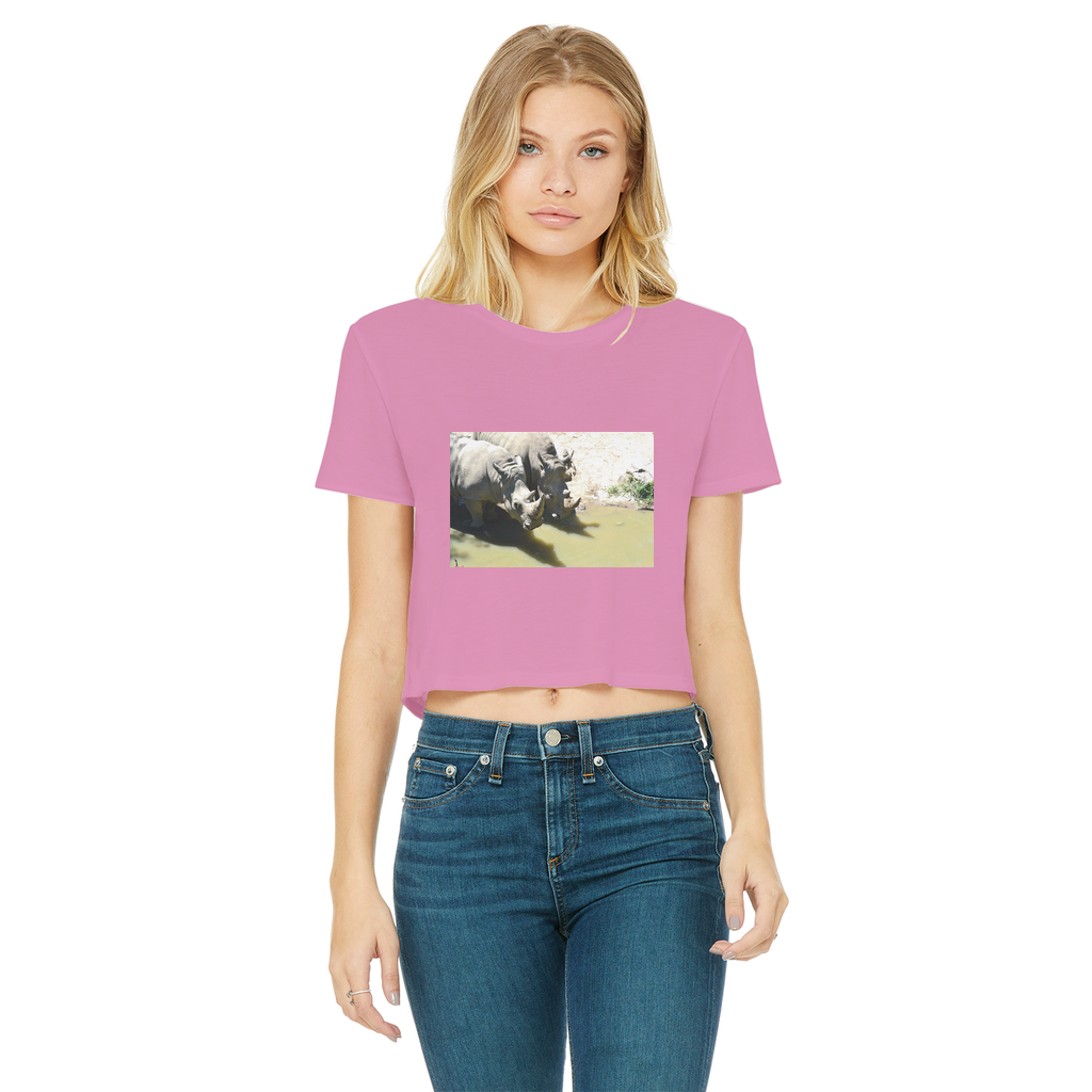 Rhinos Classic Women's Cropped Raw Edge T-Shirt featuring a round neck and raw edge hem in a stylish cropped design.