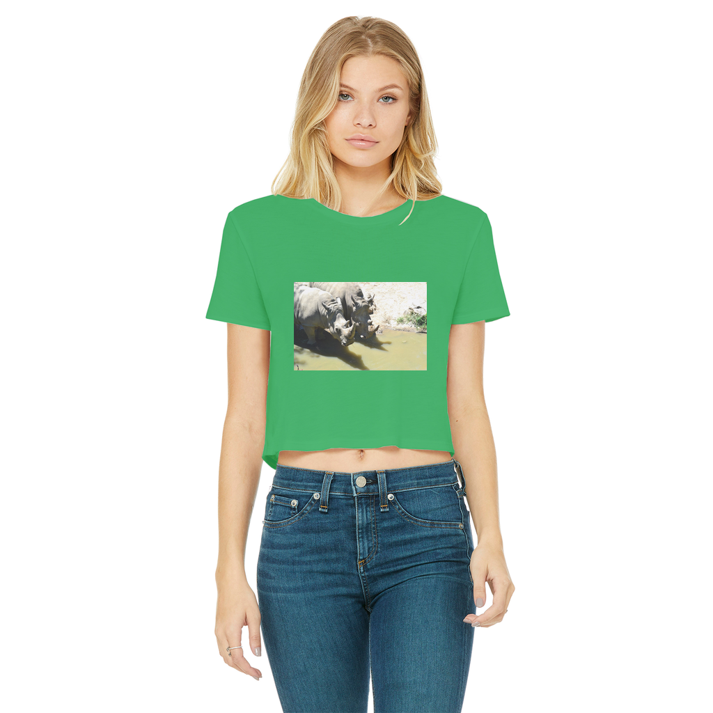 Rhinos Classic Women's Cropped Raw Edge T-Shirt featuring a round neck and raw edge hem in a stylish cropped design.