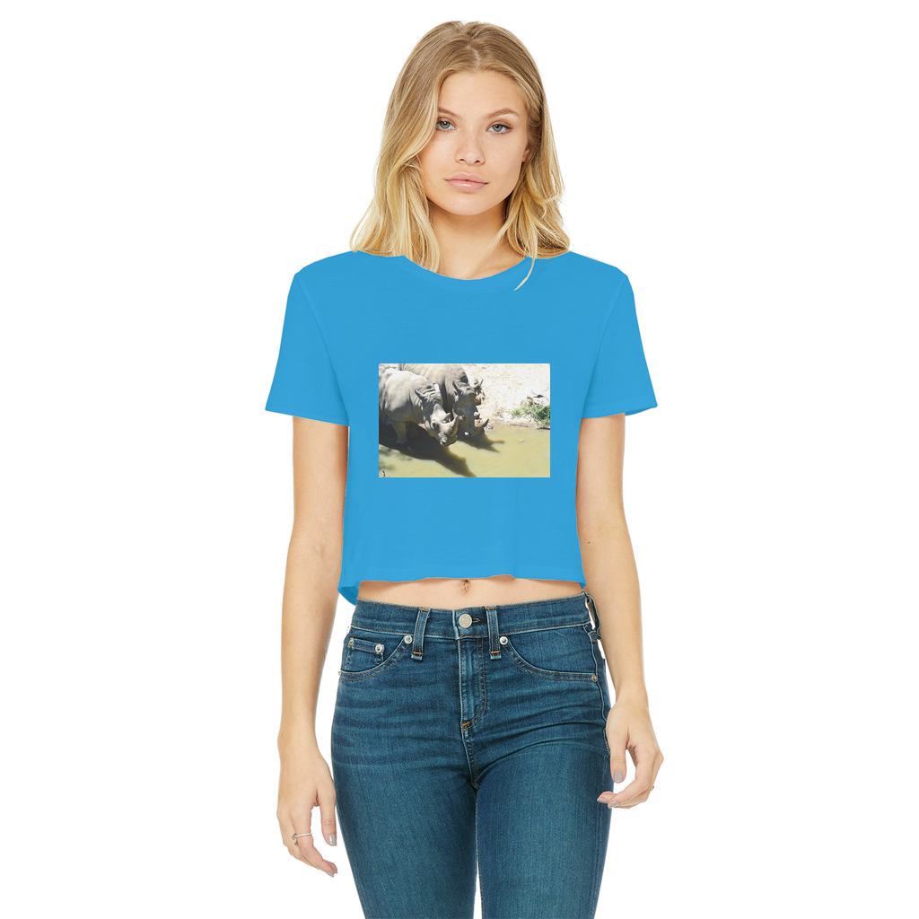 Rhinos Classic Women's Cropped Raw Edge T-Shirt featuring a round neck and raw edge hem in a stylish cropped design.