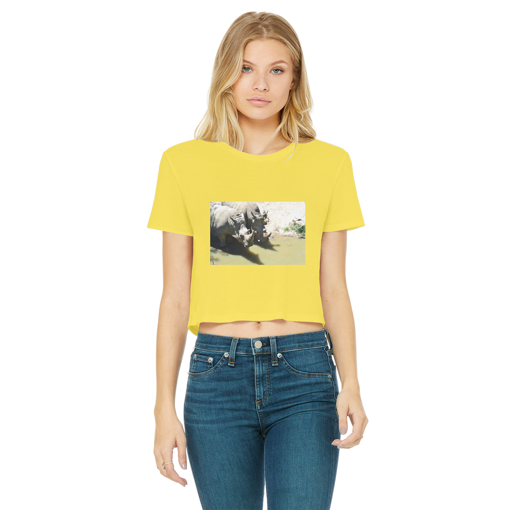 Rhinos Classic Women's Cropped Raw Edge T-Shirt featuring a round neck and raw edge hem in a stylish cropped design.