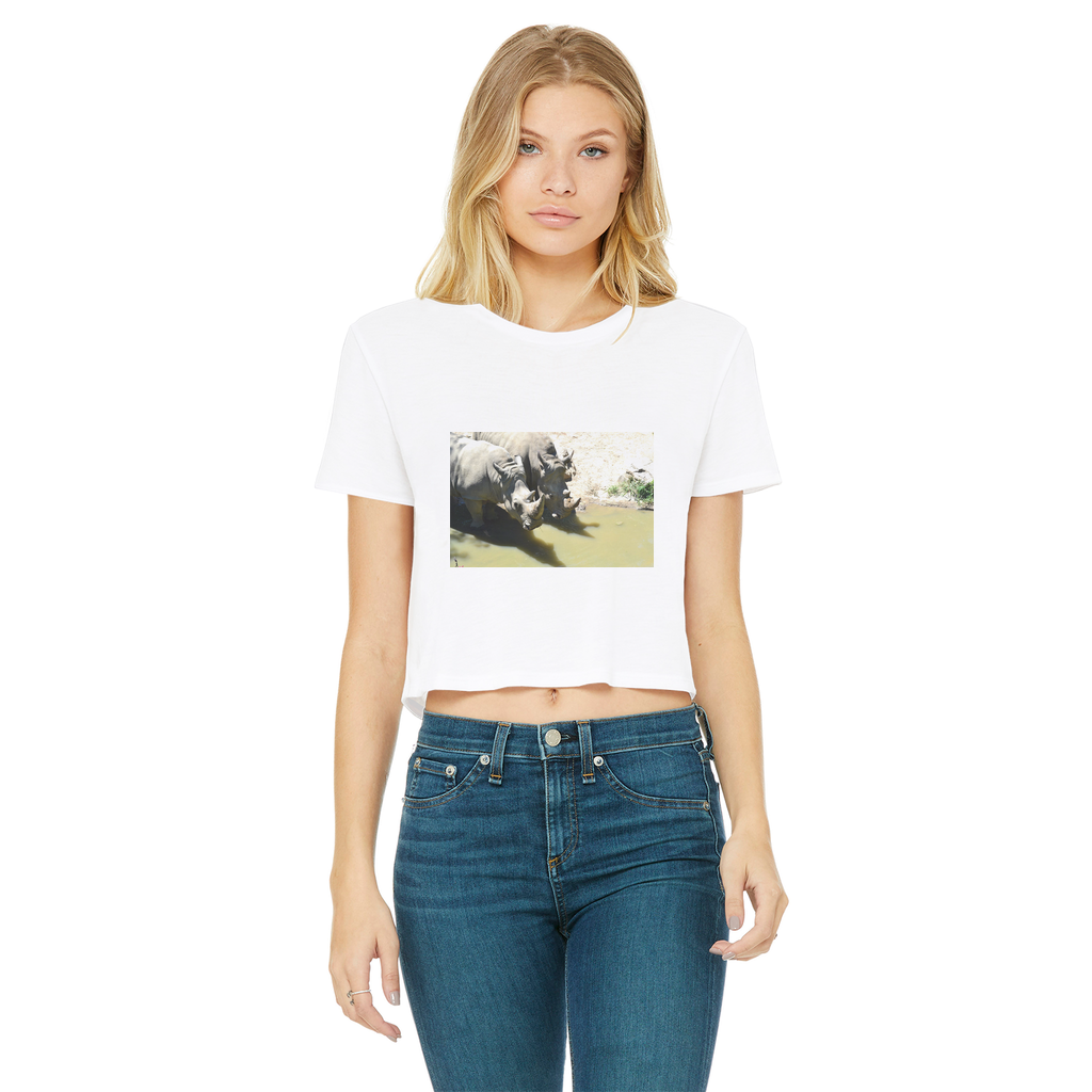 Rhinos Classic Women's Cropped Raw Edge T-Shirt featuring a round neck and raw edge hem in a stylish cropped design.