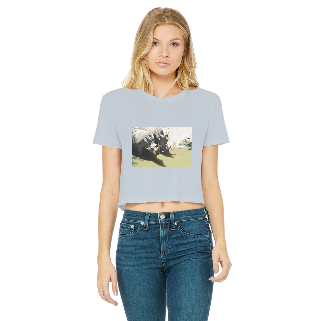 Rhinos Classic Women's Cropped Raw Edge T-Shirt featuring a round neck and raw edge hem in a stylish cropped design.