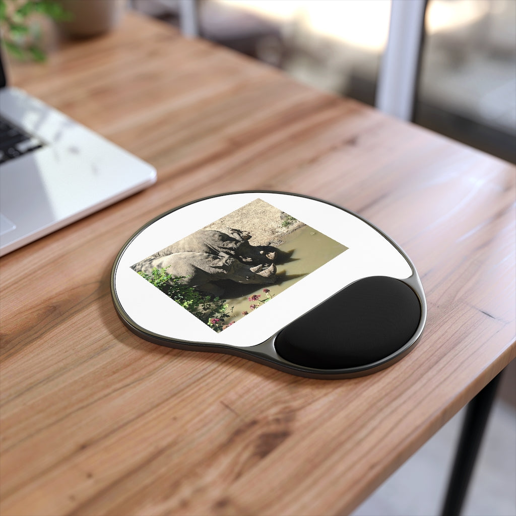 Rhinos Mouse Pad with ergonomic Memory Foam wrist rest and customizable neoprene insert, featuring a foot-shaped black plastic base.