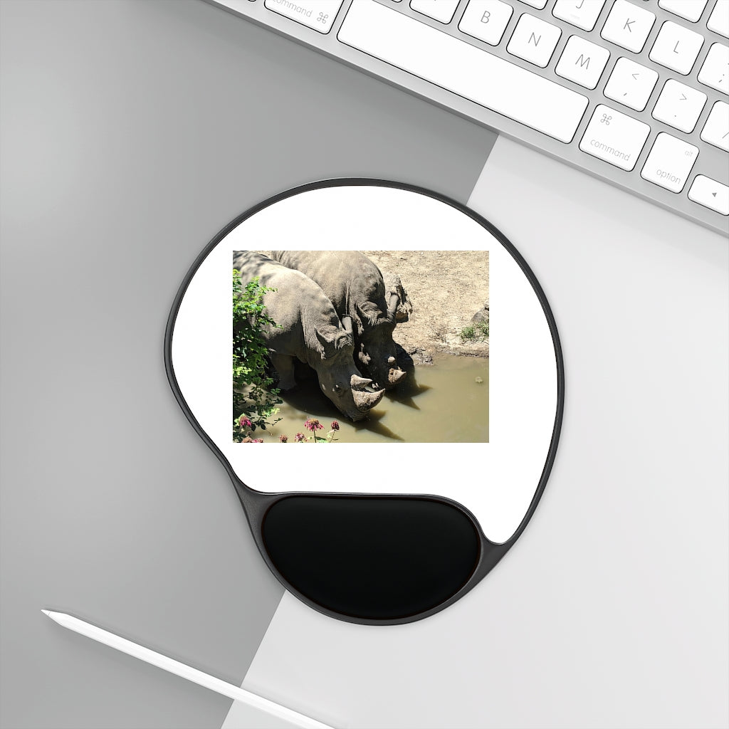 Rhinos Mouse Pad with ergonomic Memory Foam wrist rest and customizable neoprene insert, featuring a foot-shaped black plastic base.