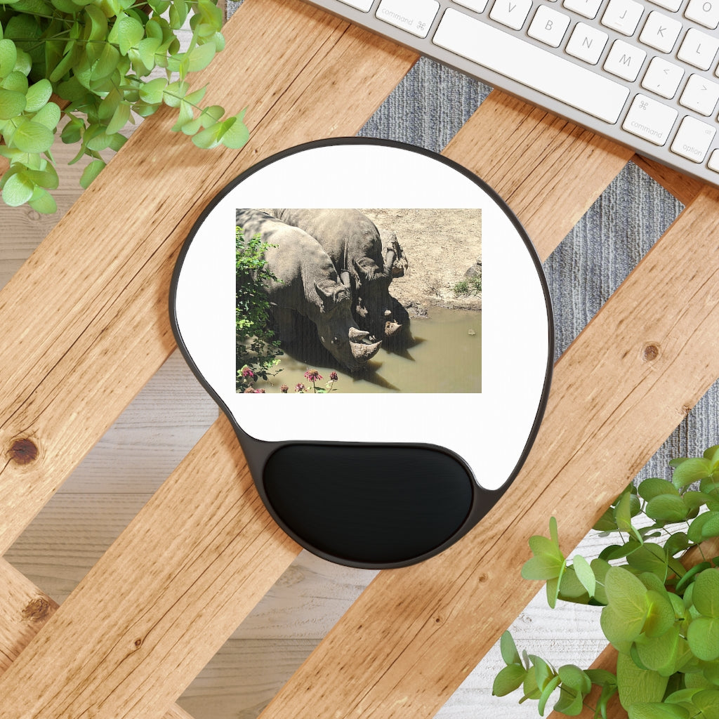 Rhinos Mouse Pad with ergonomic Memory Foam wrist rest and customizable neoprene insert, featuring a foot-shaped black plastic base.