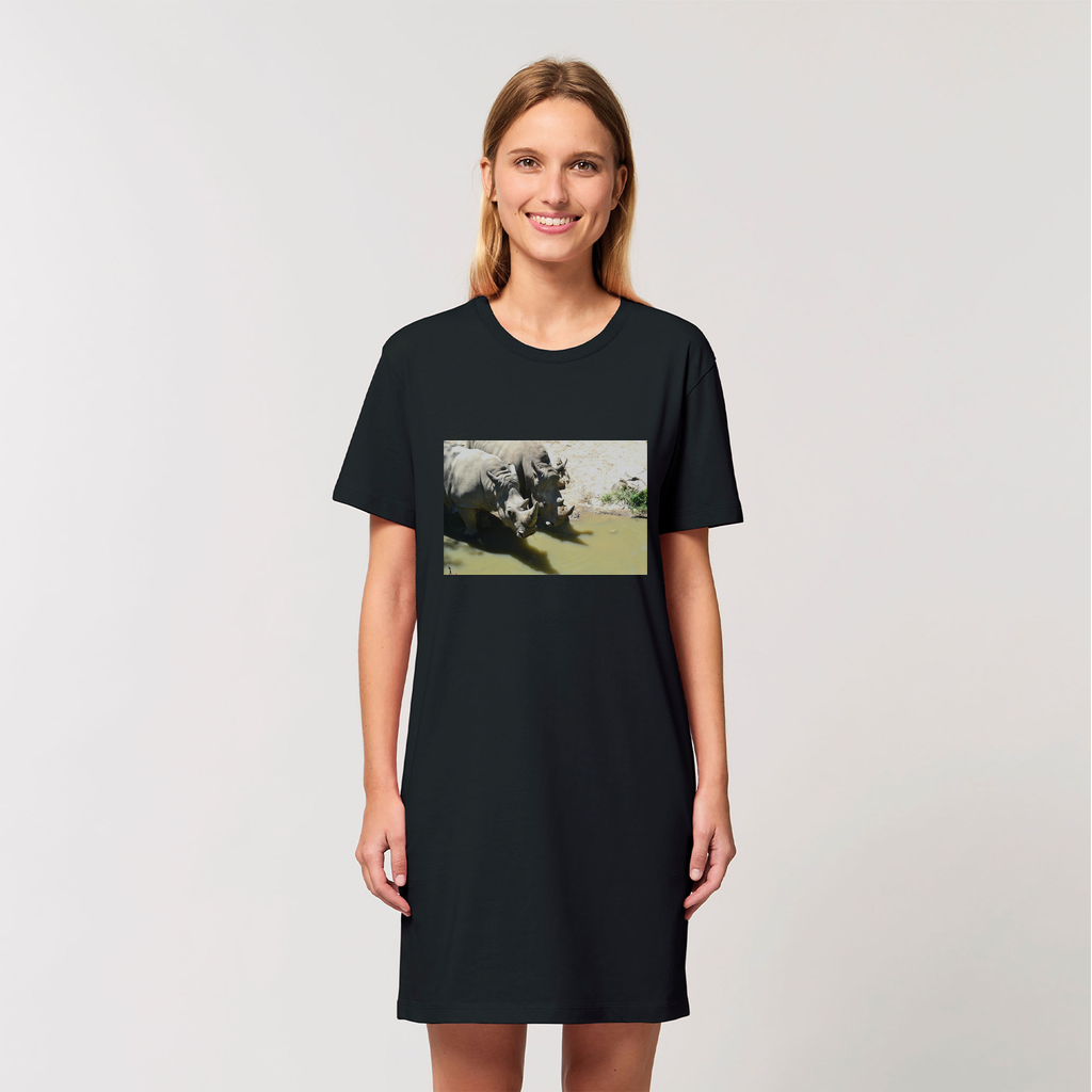 Rhinos Organic T-Shirt Dress made from 100% organic cotton, showcasing its soft texture and stylish design.