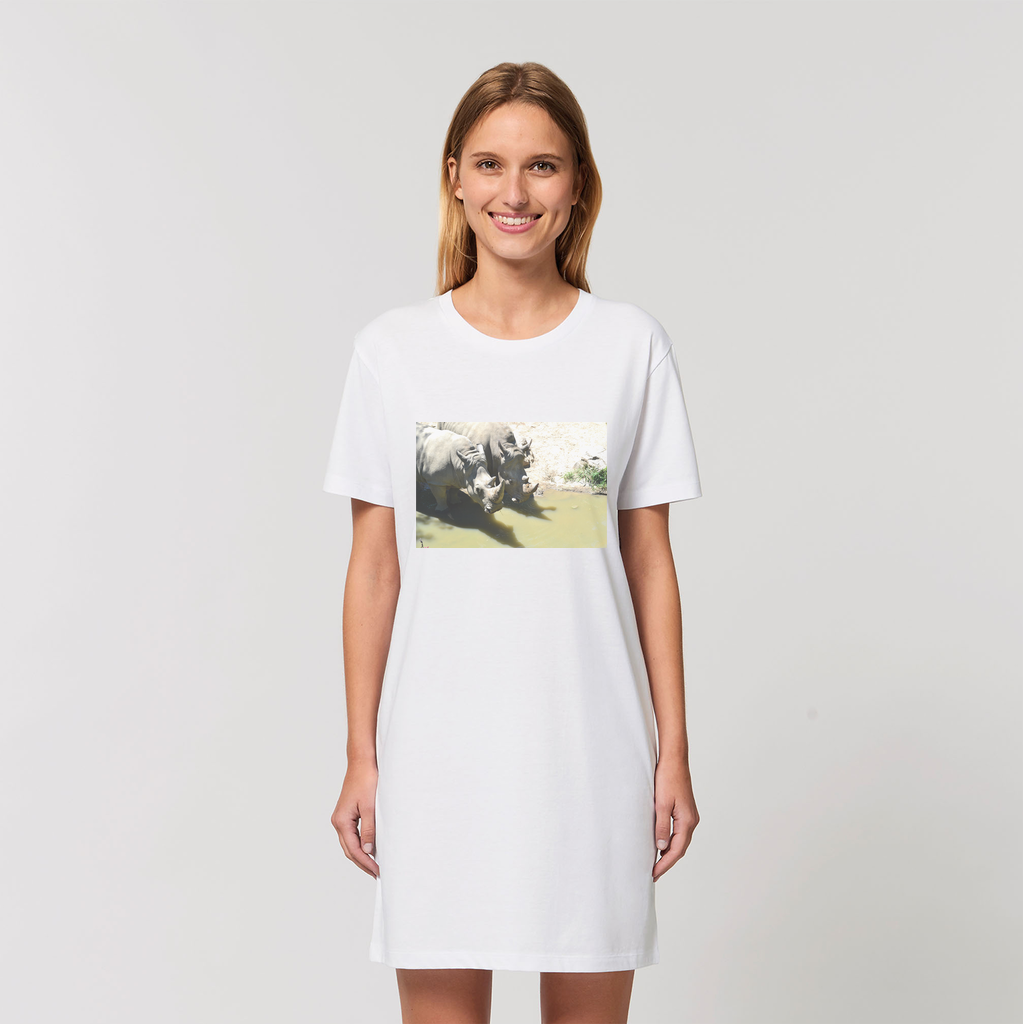 Rhinos Organic T-Shirt Dress made from 100% organic cotton, showcasing its soft texture and stylish design.