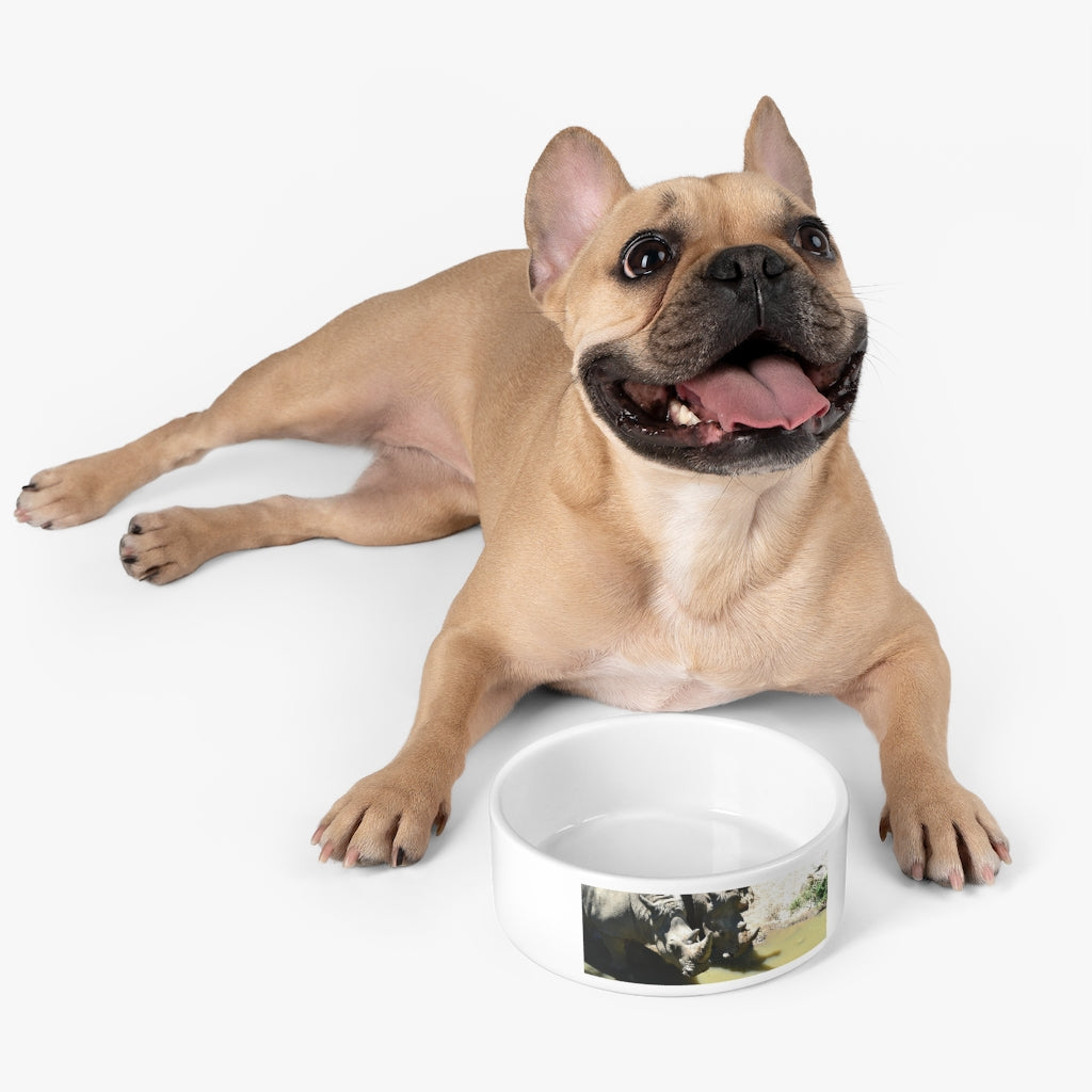 A stylish Rhinos Pet Bowl made of white ceramic, featuring a customizable design and a glazed finish, perfect for feeding pets.