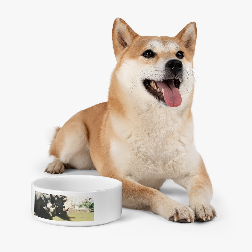 A stylish Rhinos Pet Bowl made of white ceramic, featuring a customizable design and a glazed finish, perfect for feeding pets.