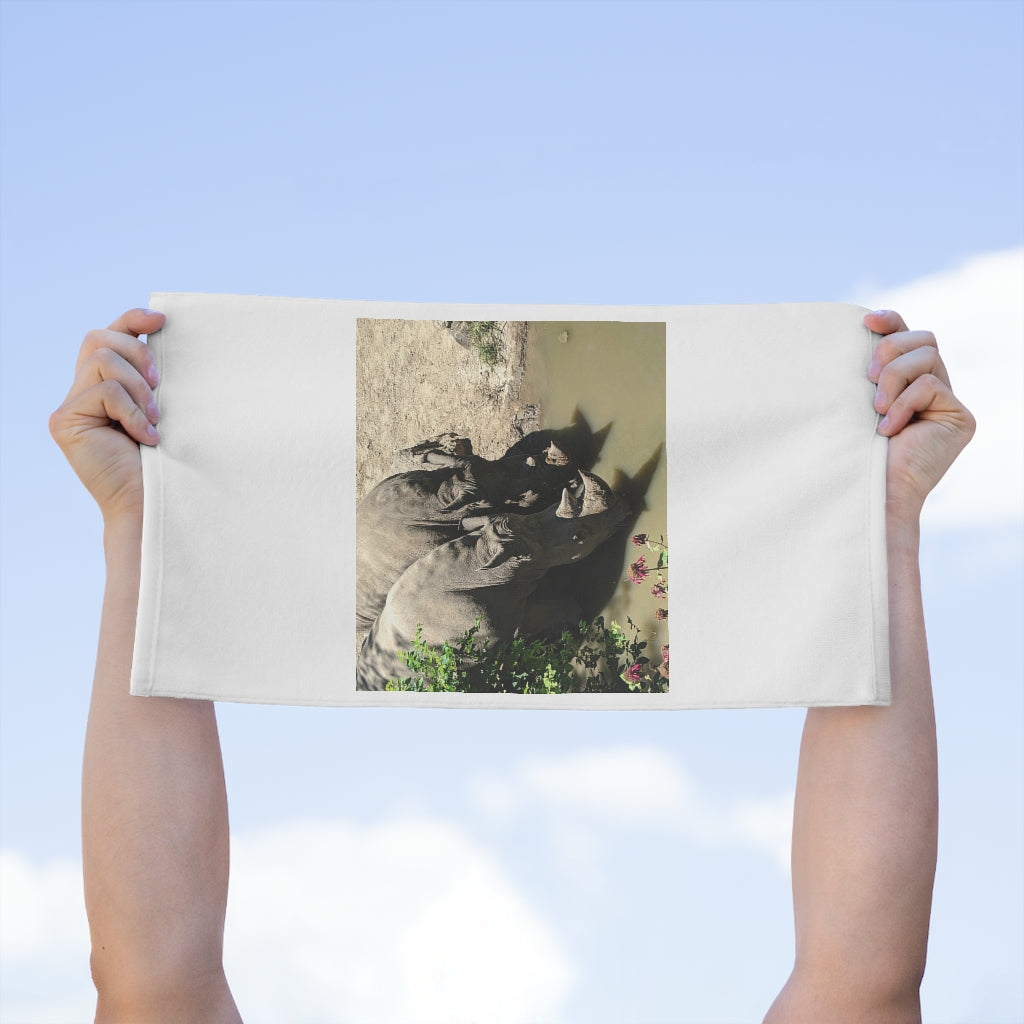 Rhinos Rally Towel measuring 11x18 inches, featuring soft mink polyester front and absorbent cotton backing, ideal for personalization.