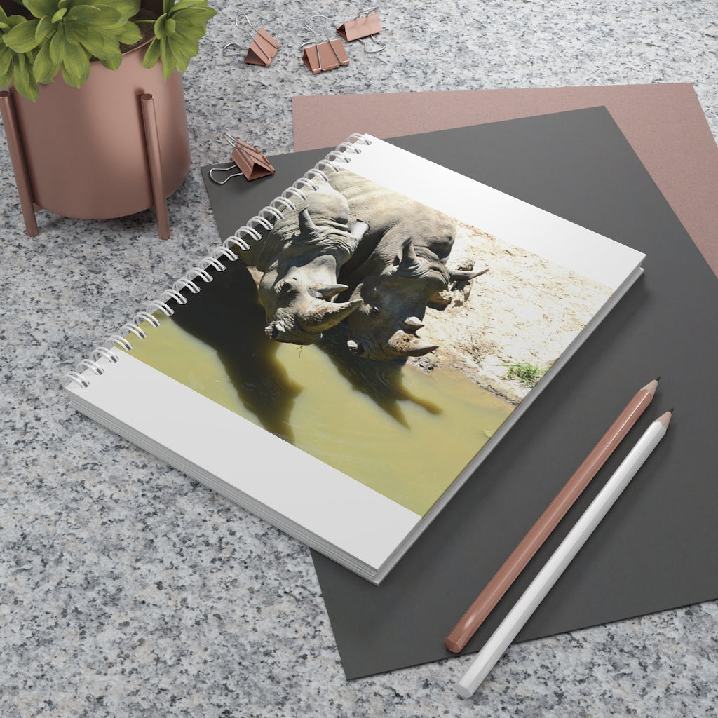 Rhinos Spiral Notebook with customizable covers and wide-ruled pages, featuring a semi-gloss laminated finish.