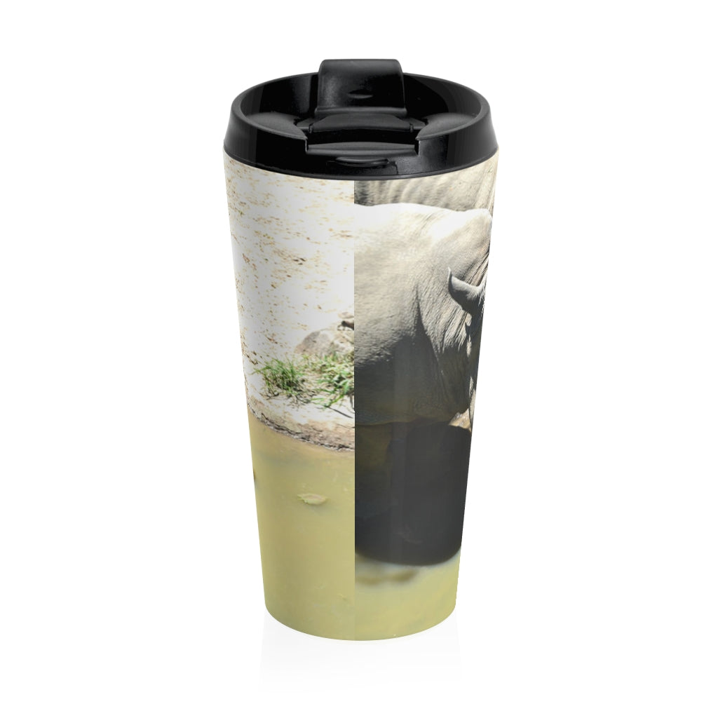 Rhinos Stainless Steel Travel Mug with black lid, showcasing its sleek design and durable stainless steel body.