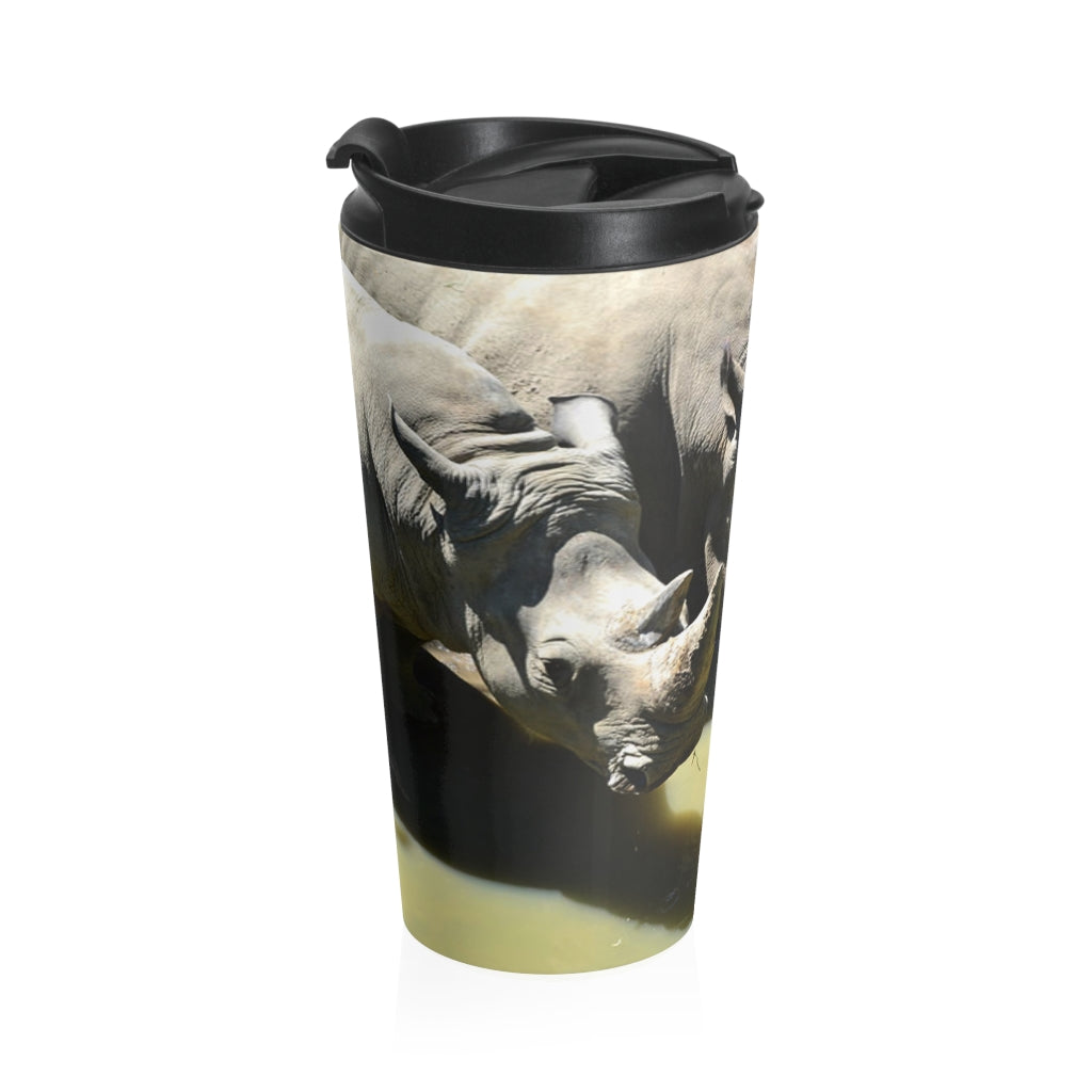 Rhinos Stainless Steel Travel Mug with black lid, showcasing its sleek design and durable stainless steel body.