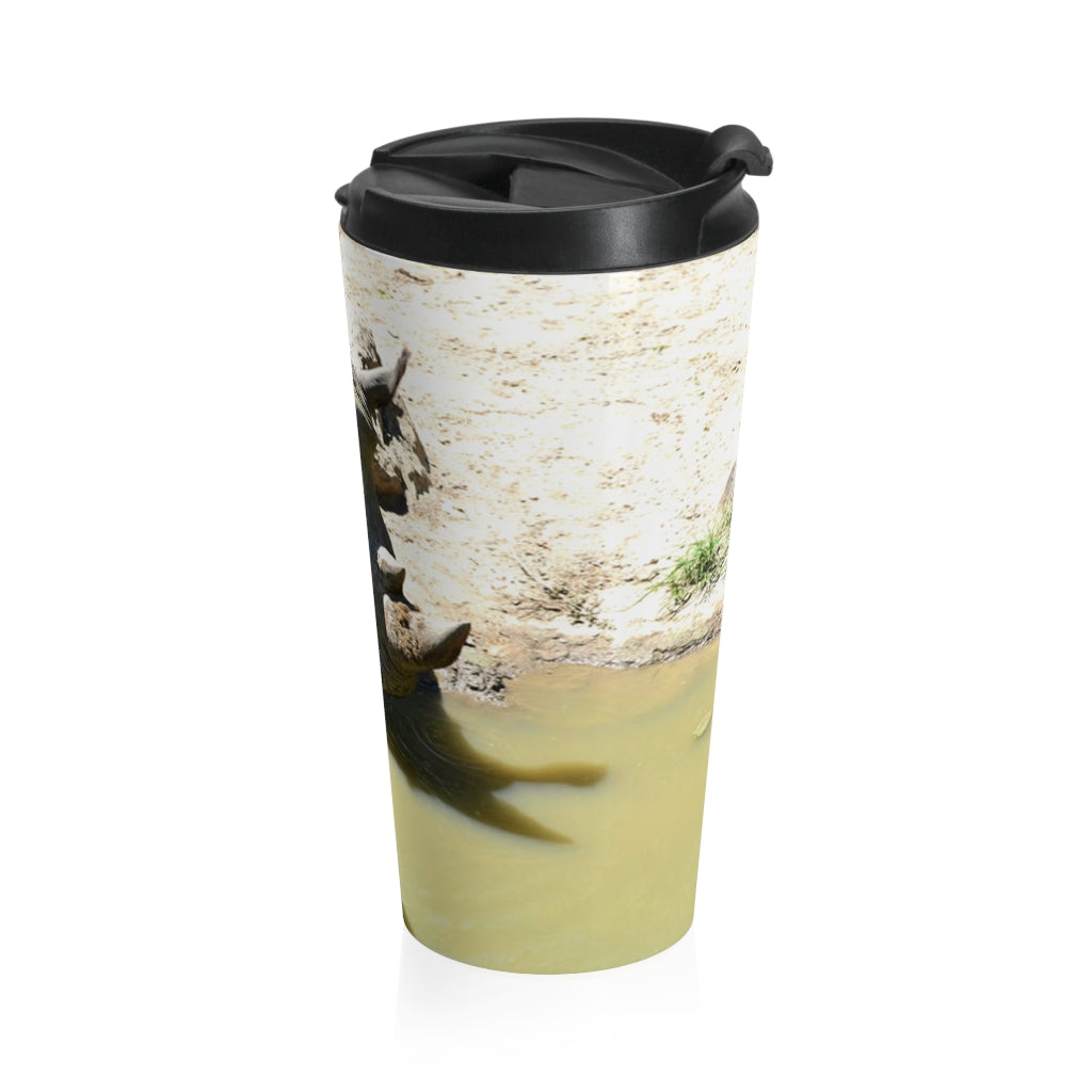 Rhinos Stainless Steel Travel Mug with black lid, showcasing its sleek design and durable stainless steel body.