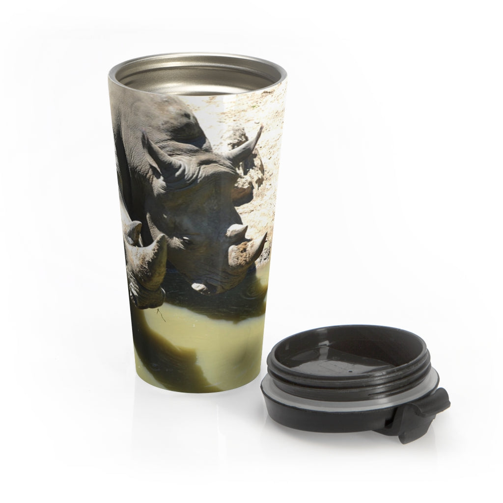 Rhinos Stainless Steel Travel Mug with black lid, showcasing its sleek design and durable stainless steel body.