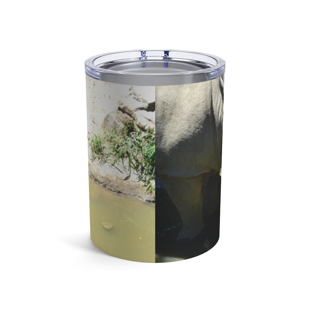 Rhinos Tumbler 10oz in stainless steel with a see-thru plastic lid, showcasing its sleek design and rounded corners.