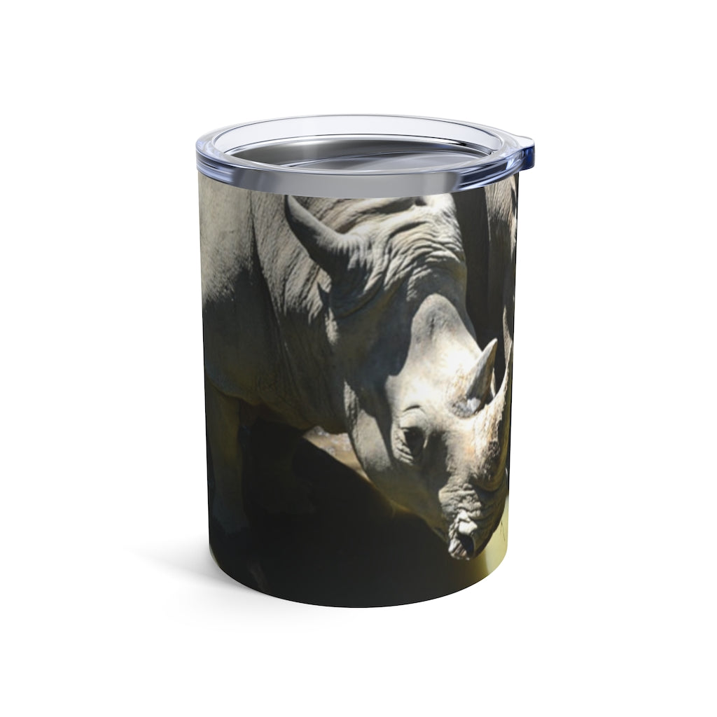 Rhinos Tumbler 10oz in stainless steel with a see-thru plastic lid, showcasing its sleek design and rounded corners.