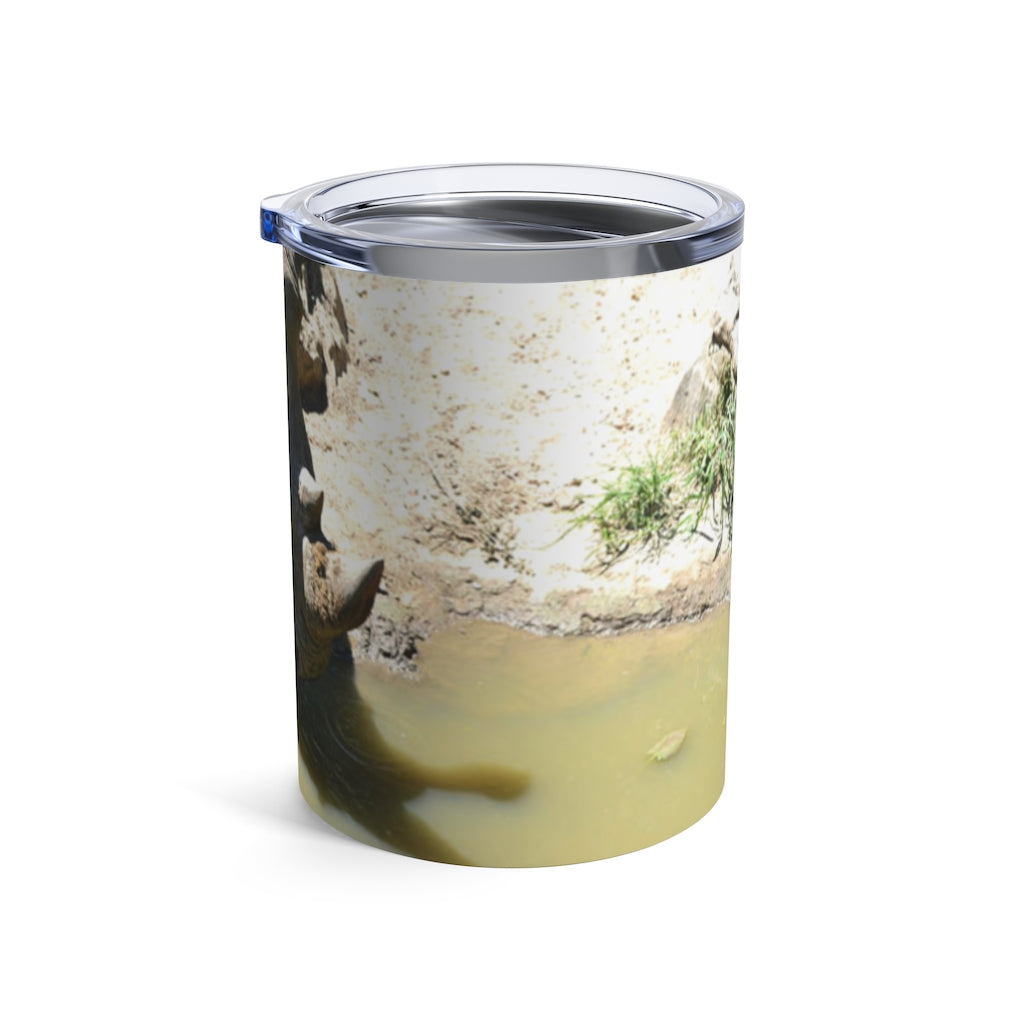 Rhinos Tumbler 10oz in stainless steel with a see-thru plastic lid, showcasing its sleek design and rounded corners.