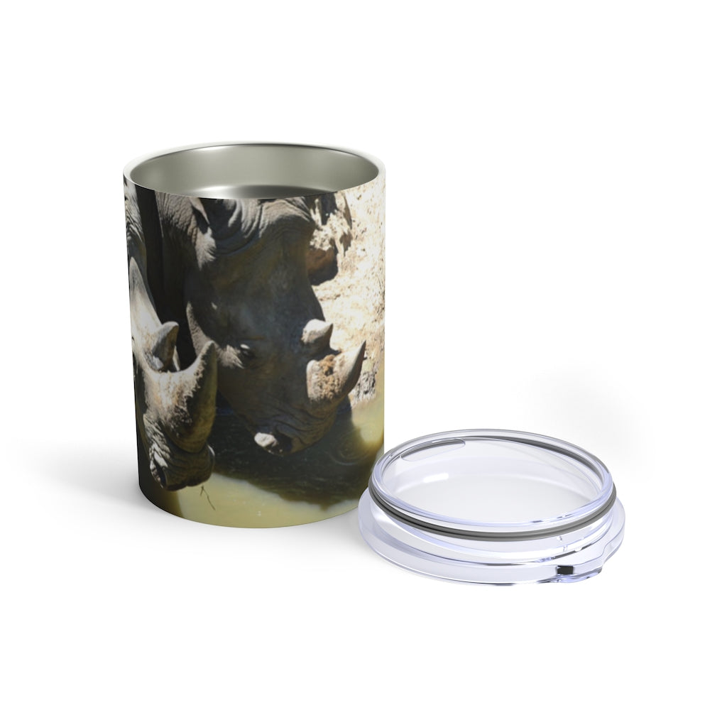 Rhinos Tumbler 10oz in stainless steel with a see-thru plastic lid, showcasing its sleek design and rounded corners.