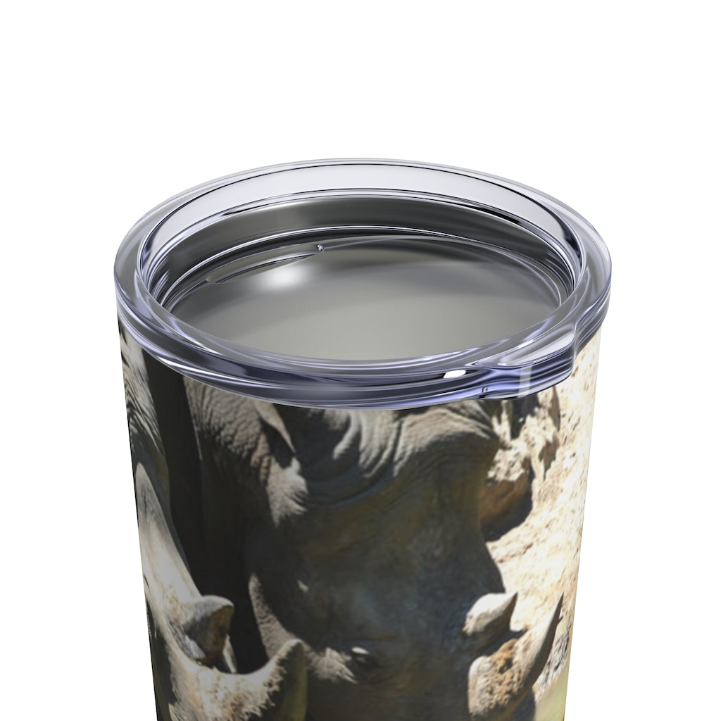 Rhinos Tumbler 10oz in stainless steel with a see-thru plastic lid, showcasing its sleek design and rounded corners.