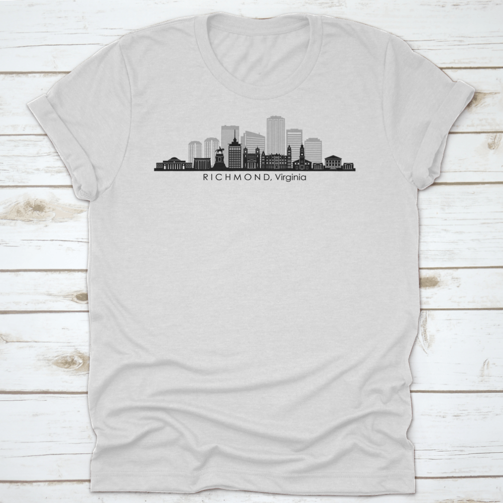 A stylish t-shirt featuring the skyline of Richmond, Virginia, showcasing iconic buildings and landmarks in a vibrant design.