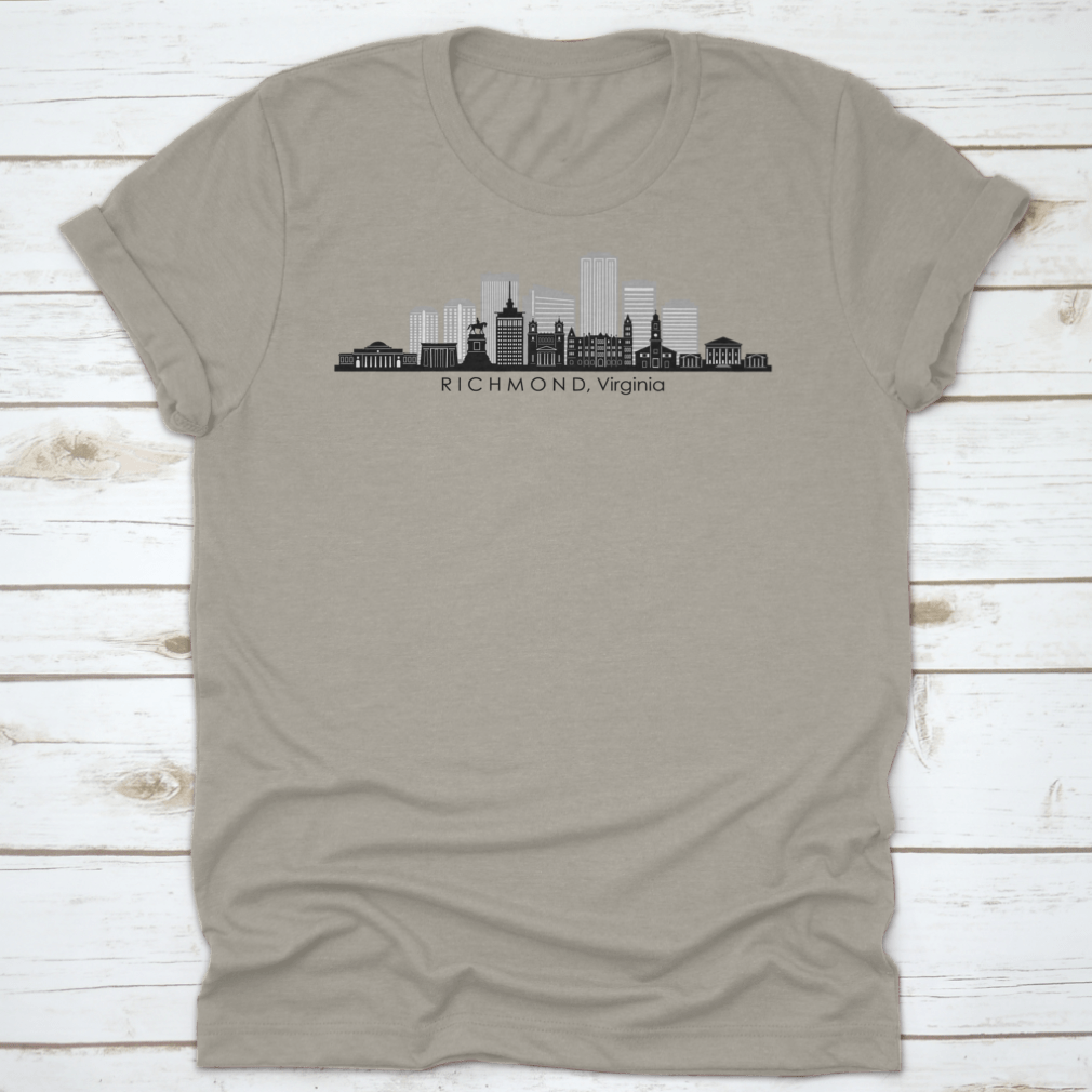 A stylish t-shirt featuring the skyline of Richmond, Virginia, showcasing iconic buildings and landmarks in a vibrant design.