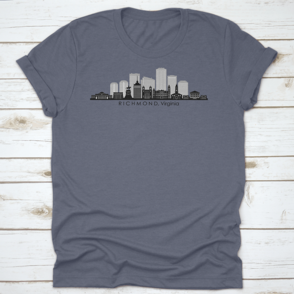 A stylish t-shirt featuring the skyline of Richmond, Virginia, showcasing iconic buildings and landmarks in a vibrant design.