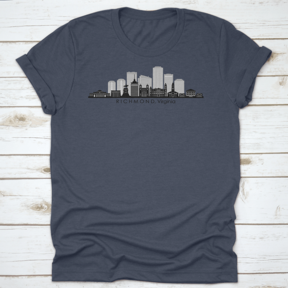 A stylish t-shirt featuring the skyline of Richmond, Virginia, showcasing iconic buildings and landmarks in a vibrant design.