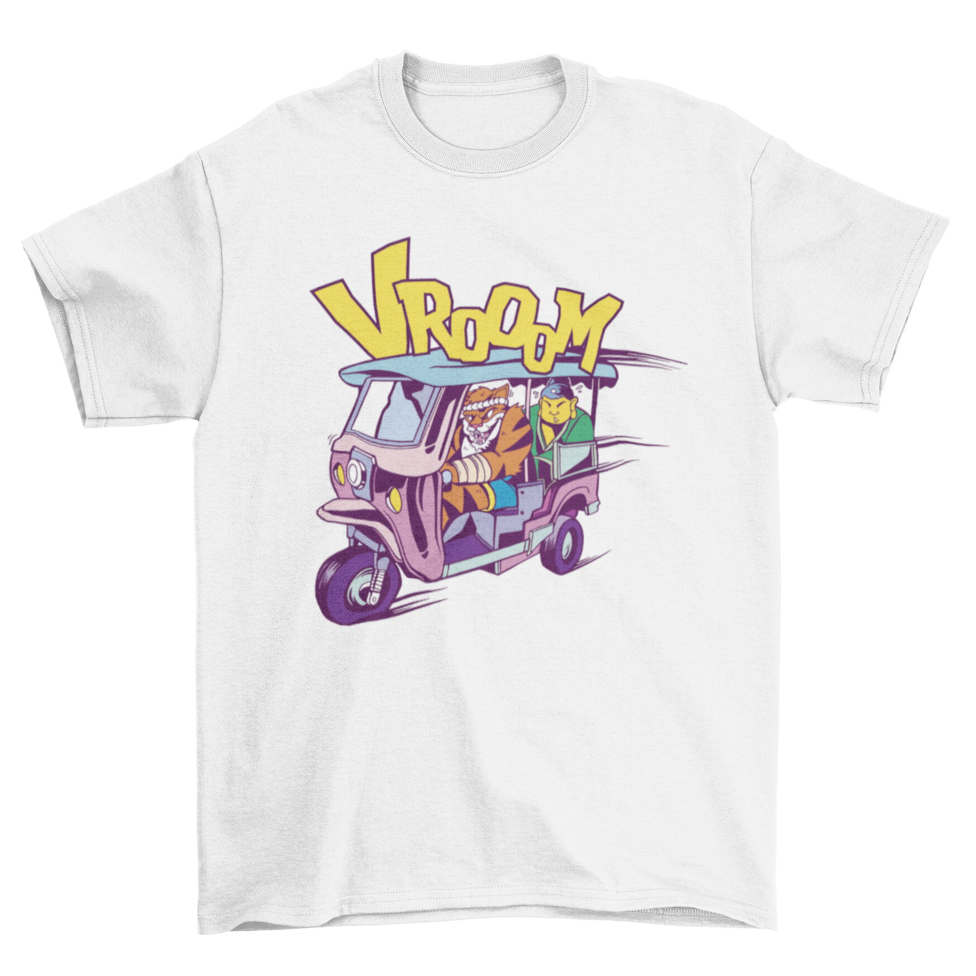 Cartoon t-shirt featuring a tiger driving a rickshaw with Buddha in the back, showcasing vibrant colors and unique design.