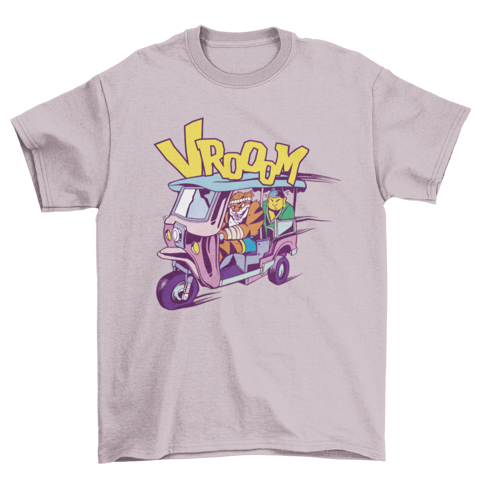 Cartoon t-shirt featuring a tiger driving a rickshaw with Buddha in the back, showcasing vibrant colors and unique design.