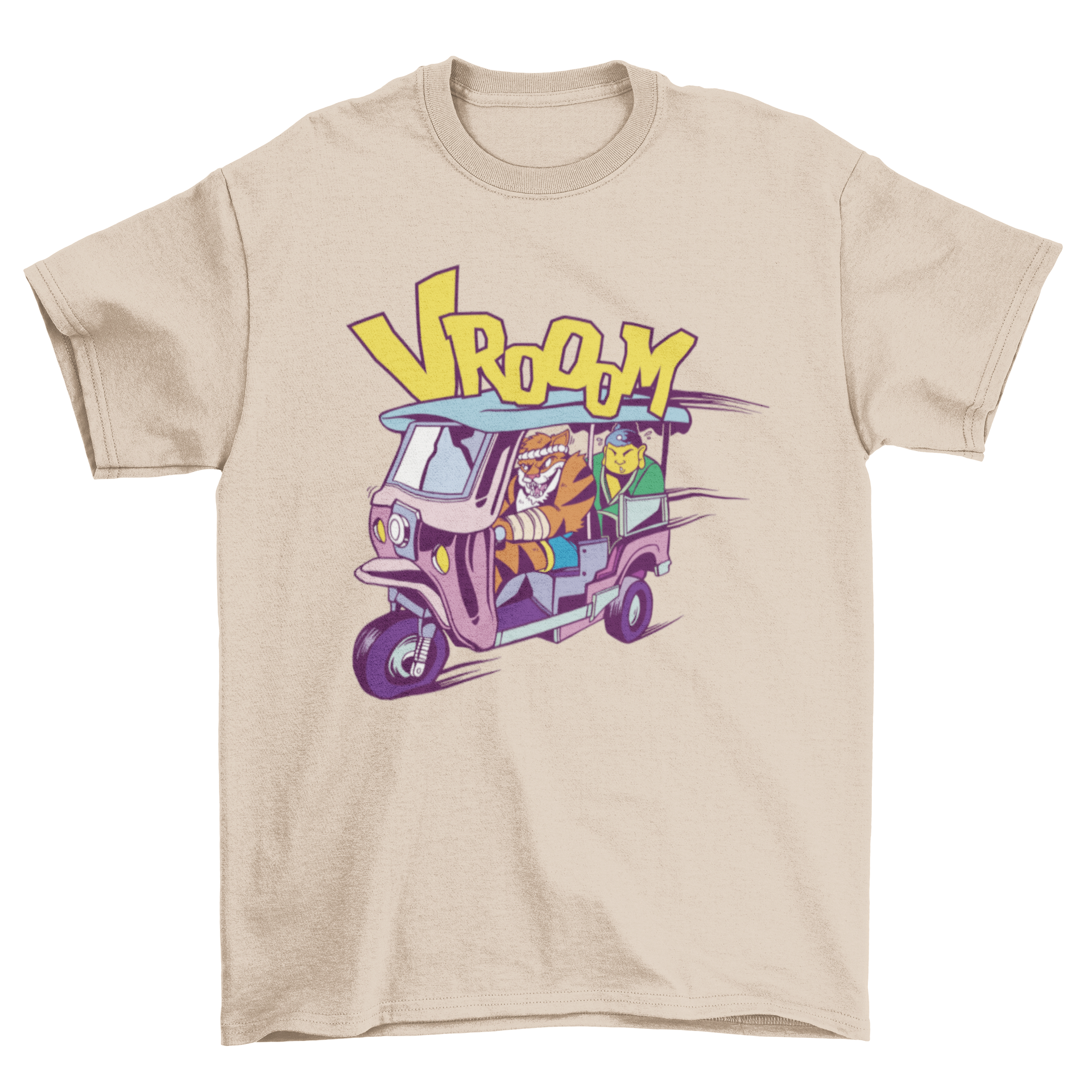 Cartoon t-shirt featuring a tiger driving a rickshaw with Buddha in the back, showcasing vibrant colors and unique design.