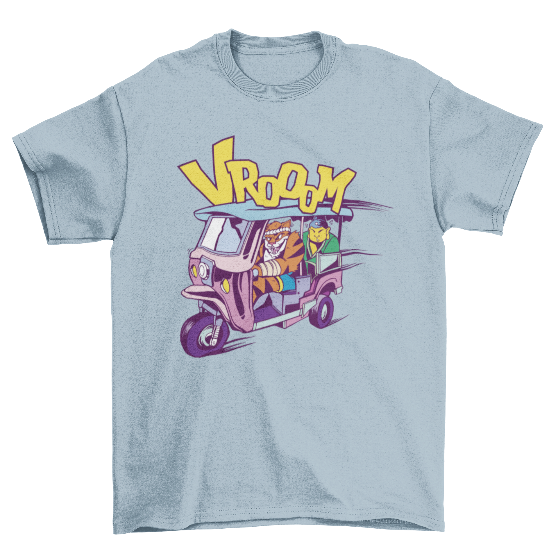 Cartoon t-shirt featuring a tiger driving a rickshaw with Buddha in the back, showcasing vibrant colors and unique design.