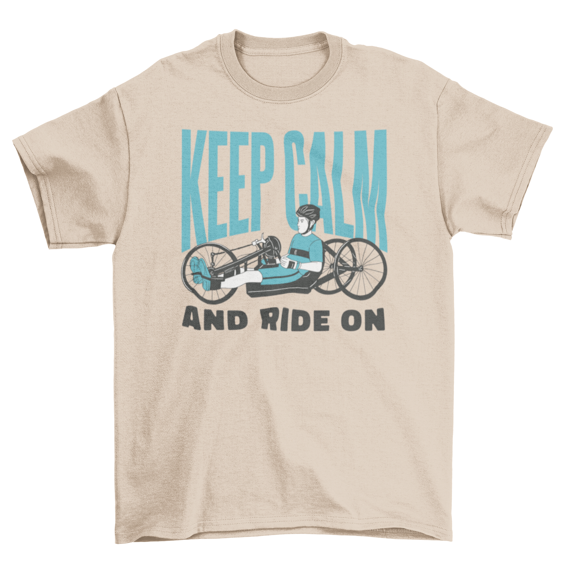 A stylish t-shirt featuring a cyclist with a movement disability on a recumbent bike, with the quote 'Keep calm and ride on'.